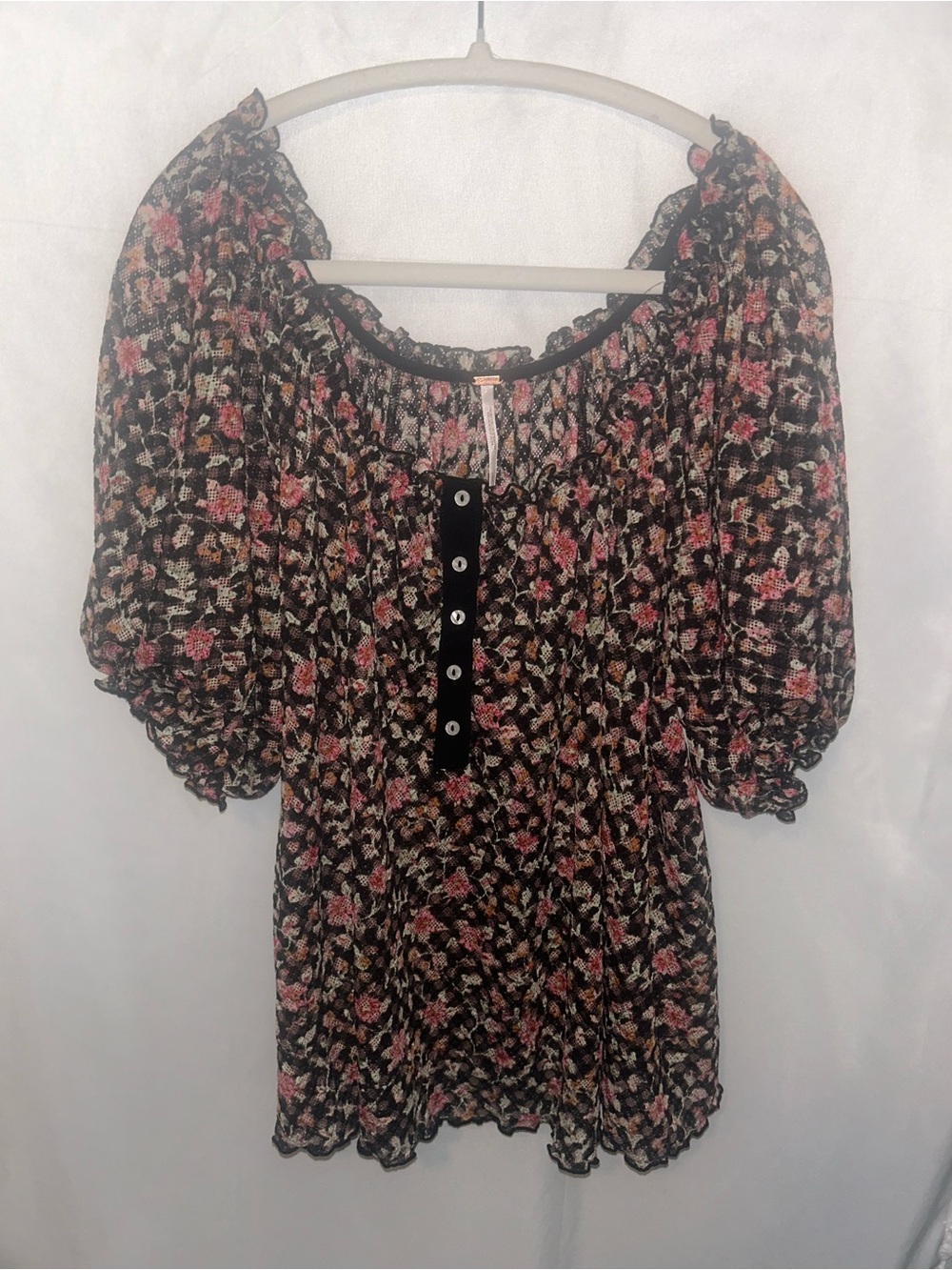 Free People Black Floral Puff-Sleeve Blouse